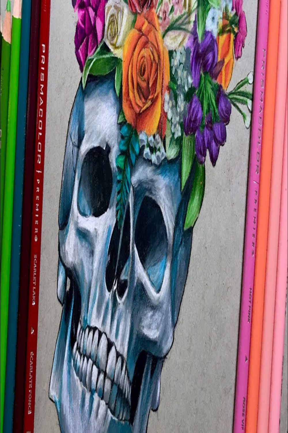 Drawing Realistic Skull and Flowers Using Prismacolor