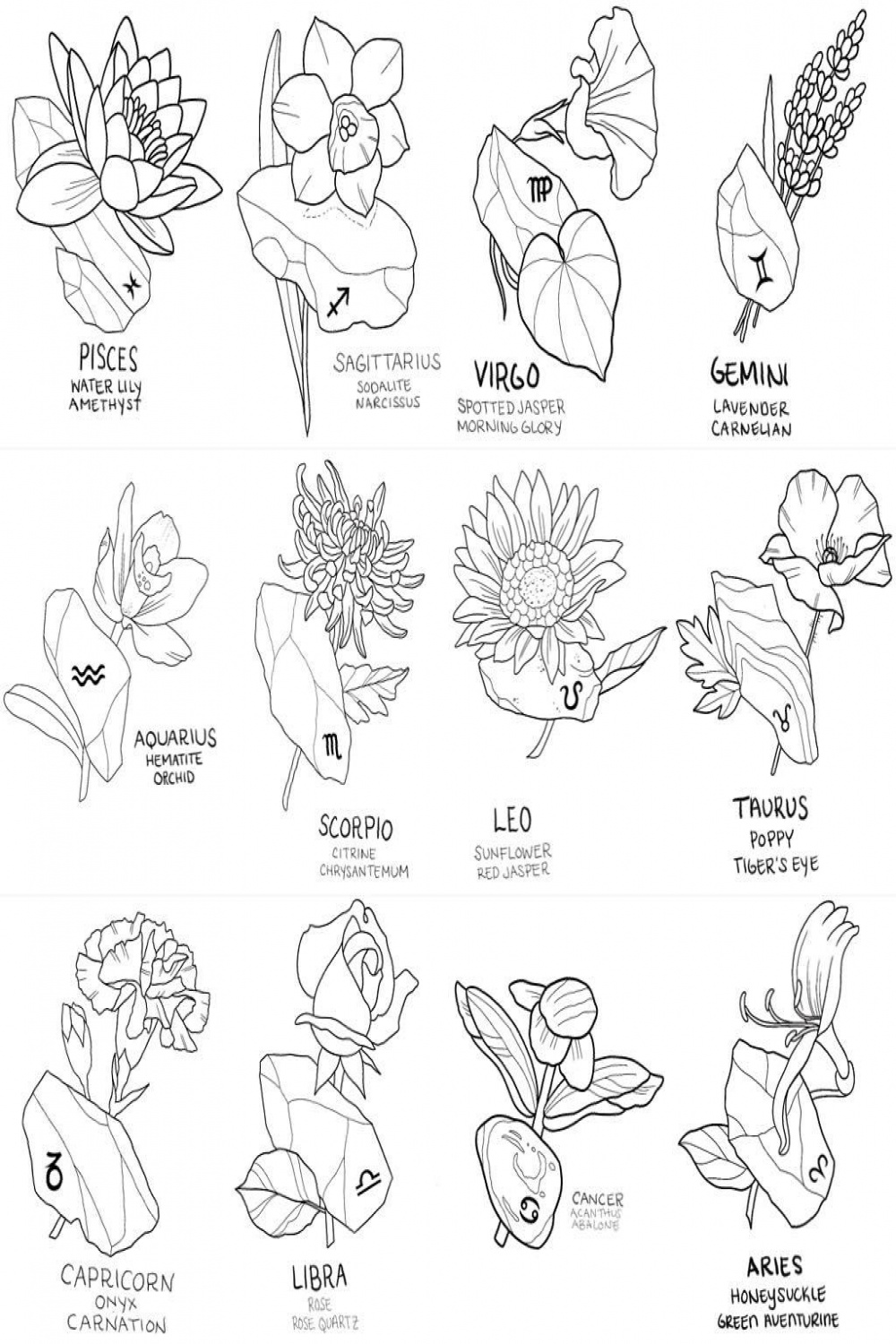 Each sign has its zodiac stone and zodiac flower