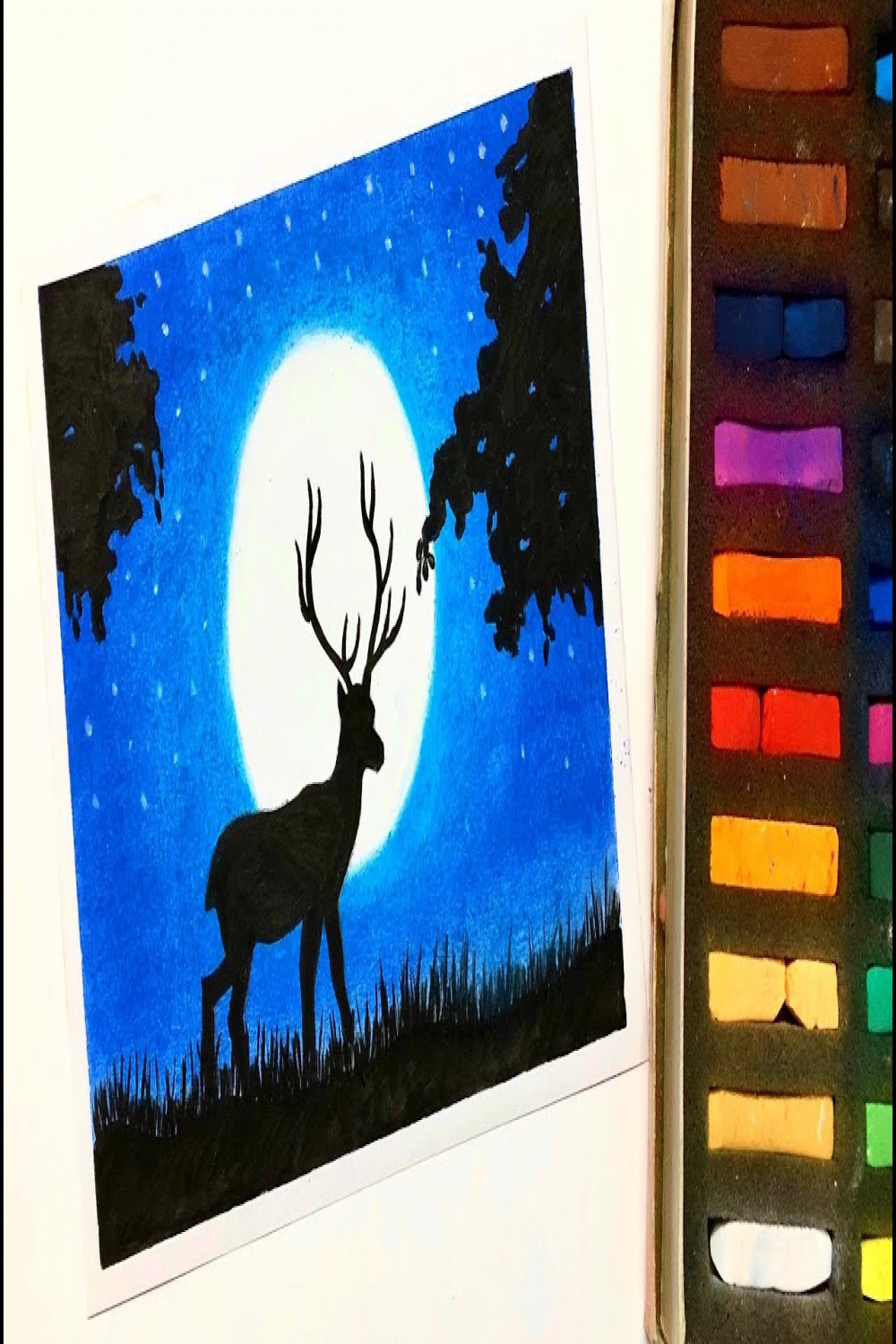 Easy Deer Moonlight Scenery Drawing for Beginners with Soft Pastels