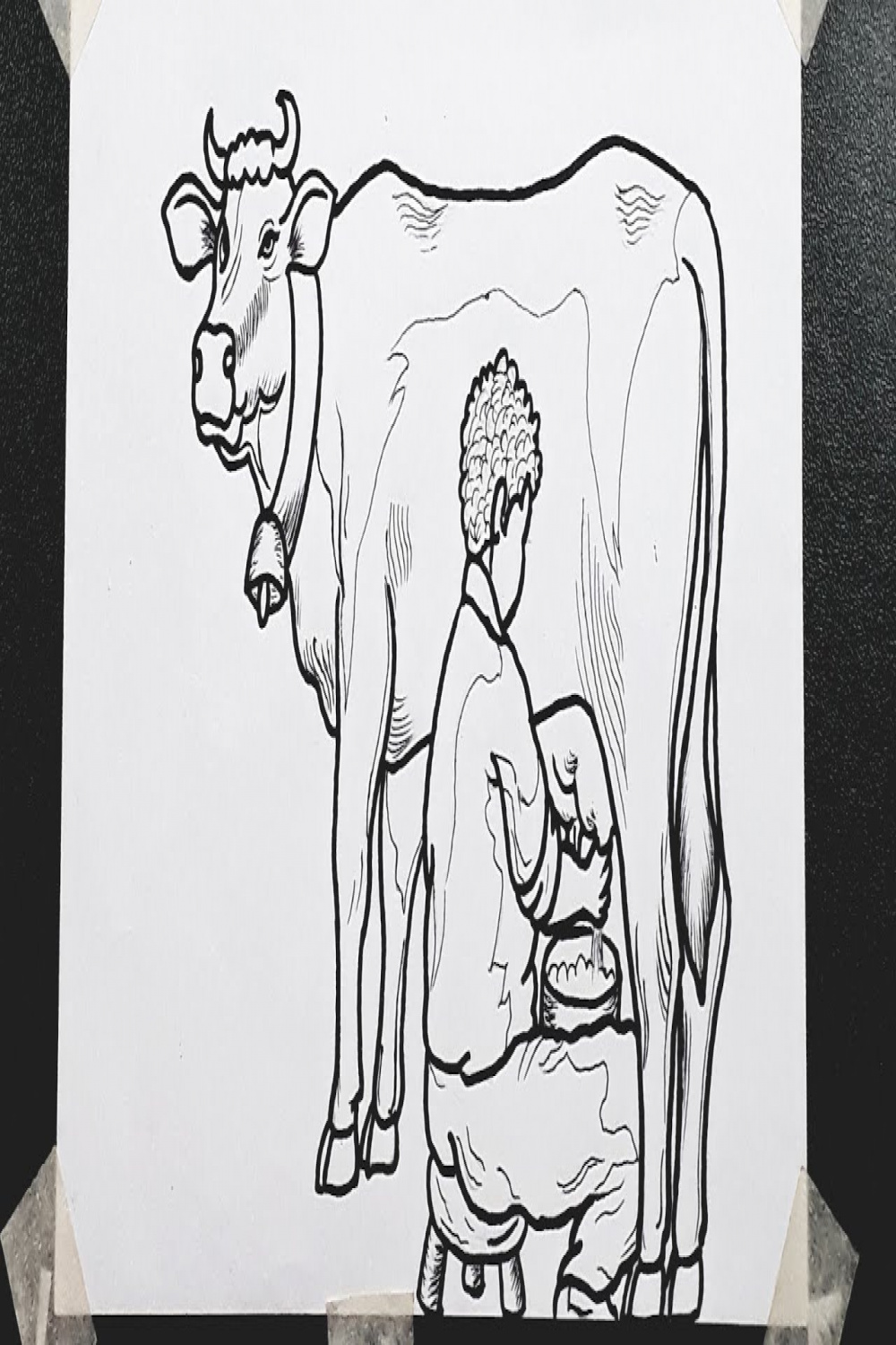 Easy outline drawing of a man milking from a cow 🐄