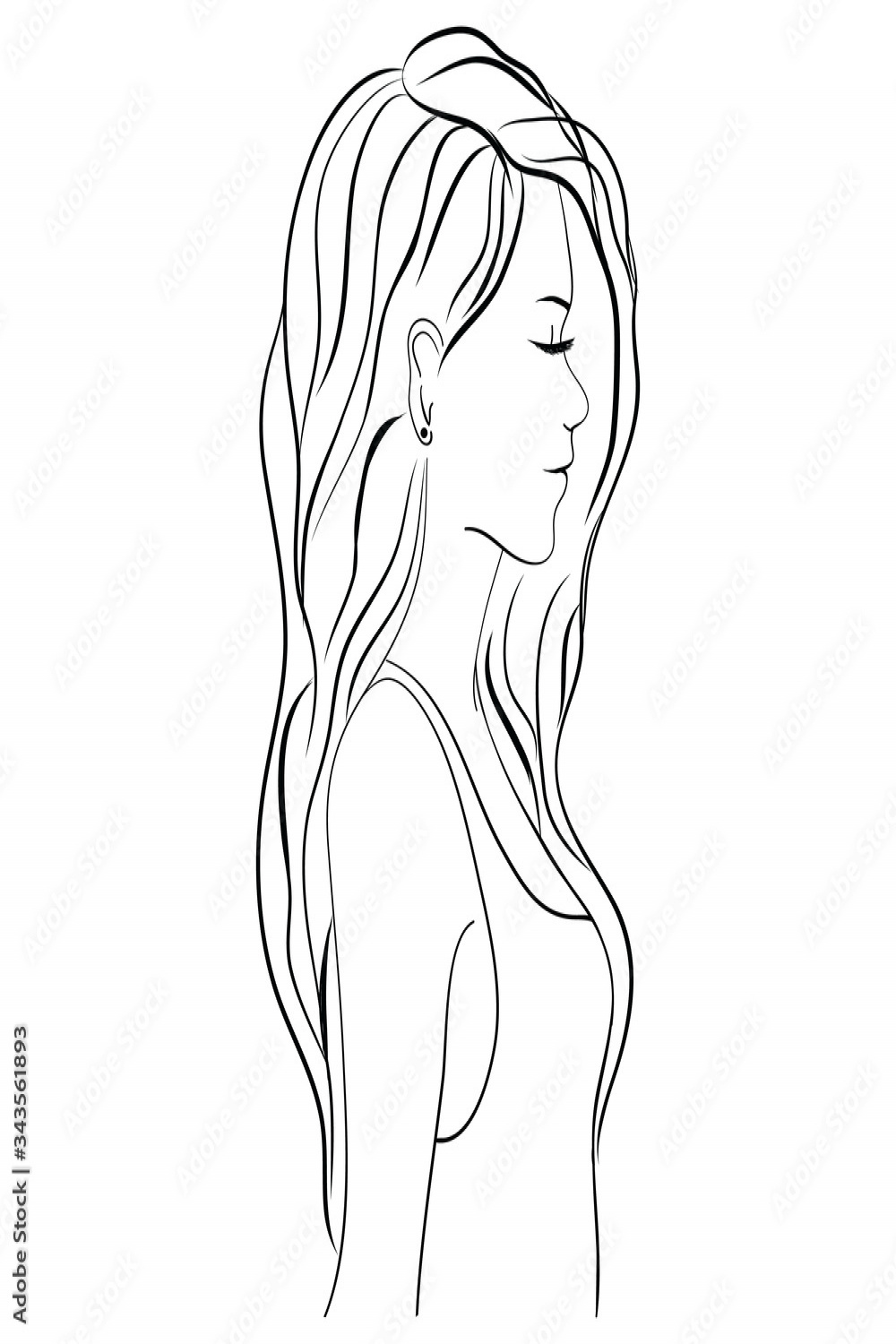 face of beautiful and charming woman, side view, black vector hand