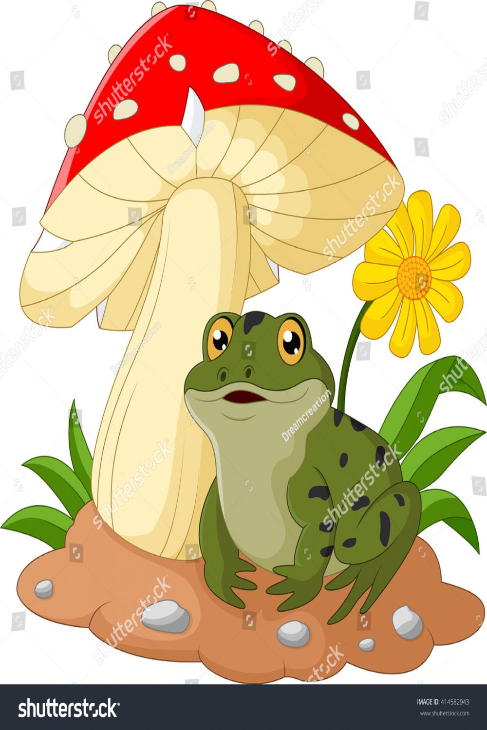 Frog Cartoon Sits Under Mushroom Stock Vector (Royalty Free