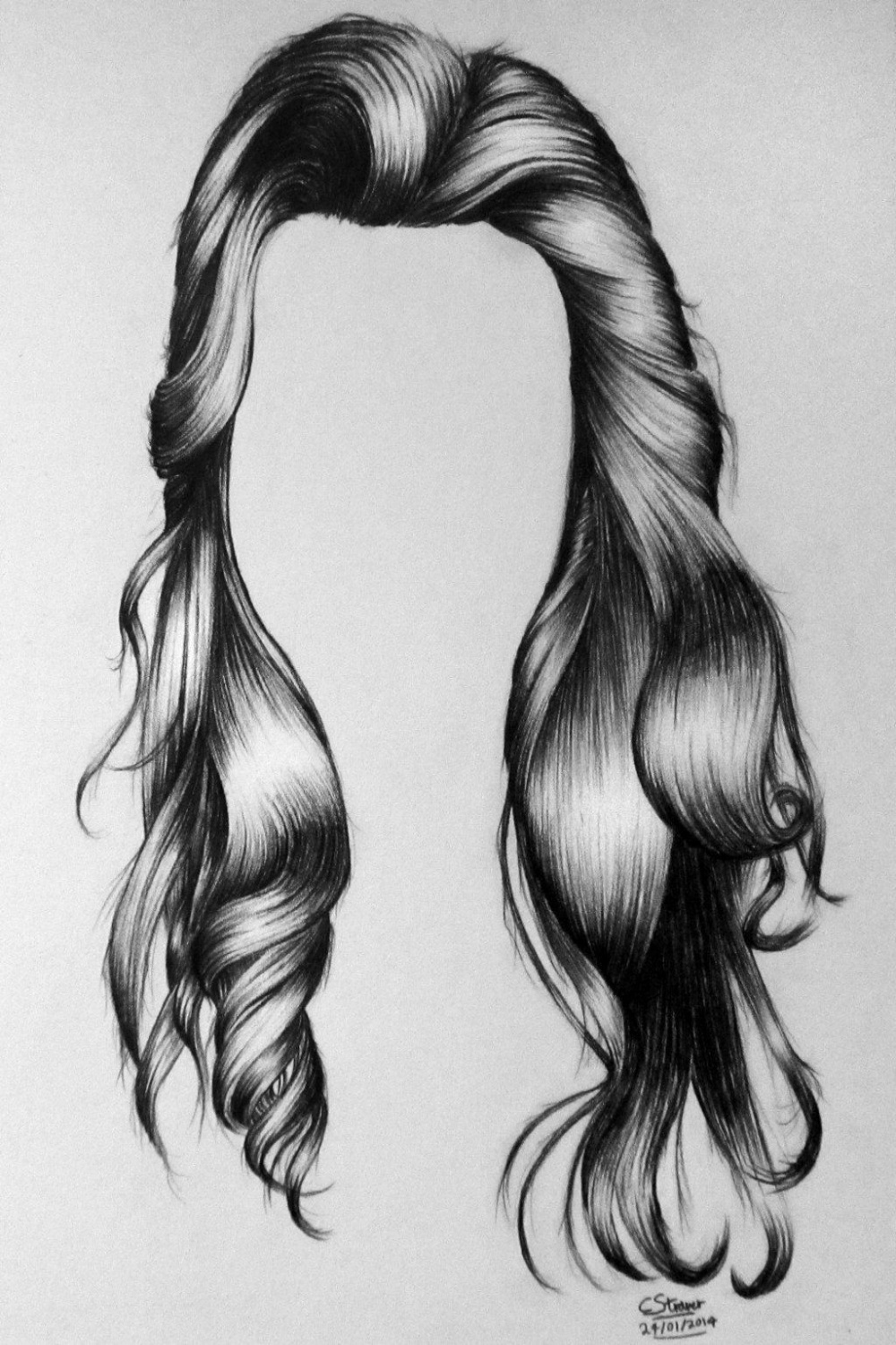 Front view, wavy/curled  Realistic hair drawing, How to draw hair