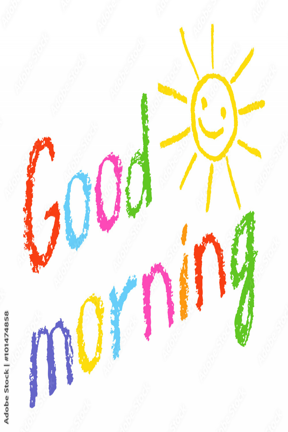 Good morning crayon chalk hand lettering handmade with smiling sun