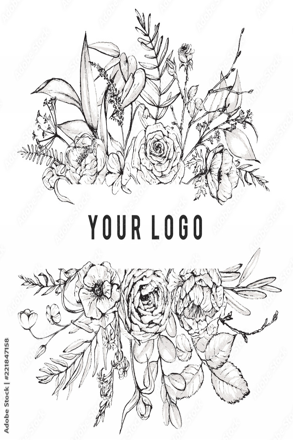 Graphic floral illustration - black & white inked flowers border
