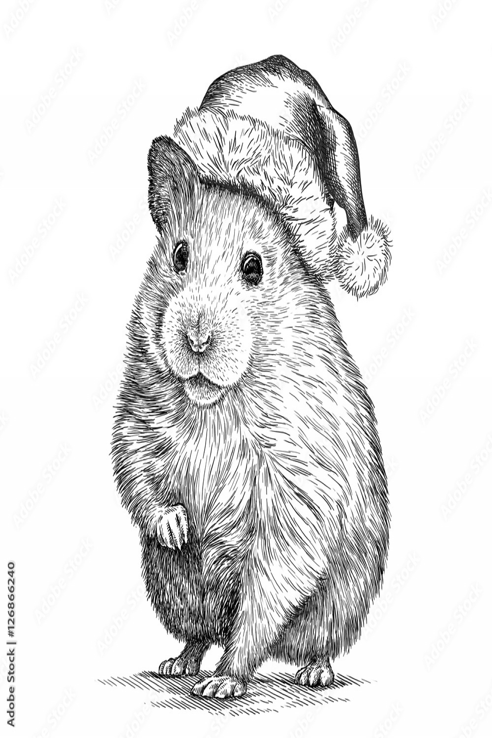 hamster closed his eyes with his paws, black and white engrave