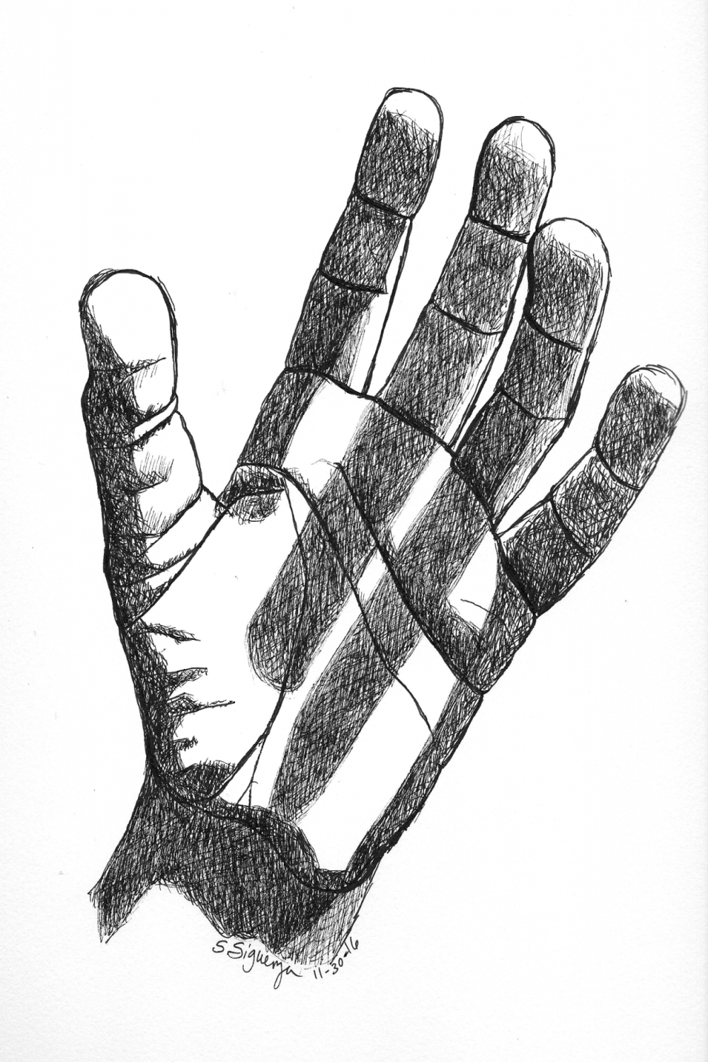 Hand drawing with long finger shadows, black pen hand drawing