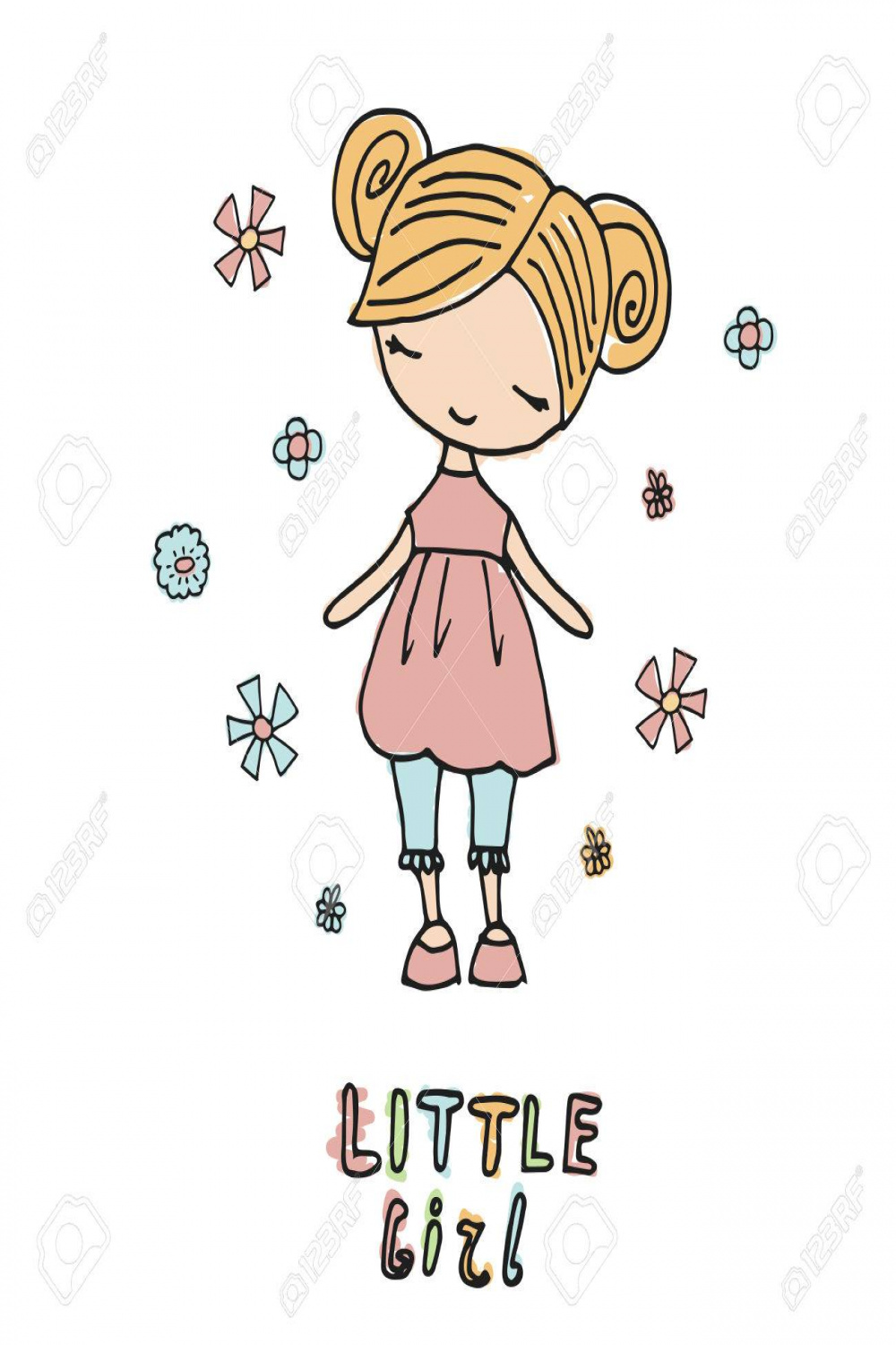 Hand Drawn Beautiful Cute Girl On White Background