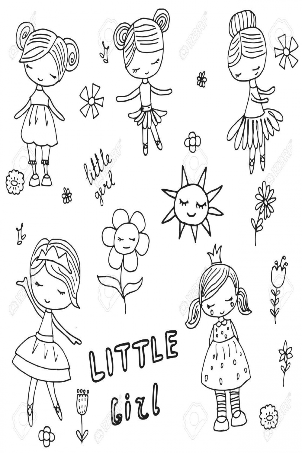 Hand Drawn Beautiful Cute Girls On White Background