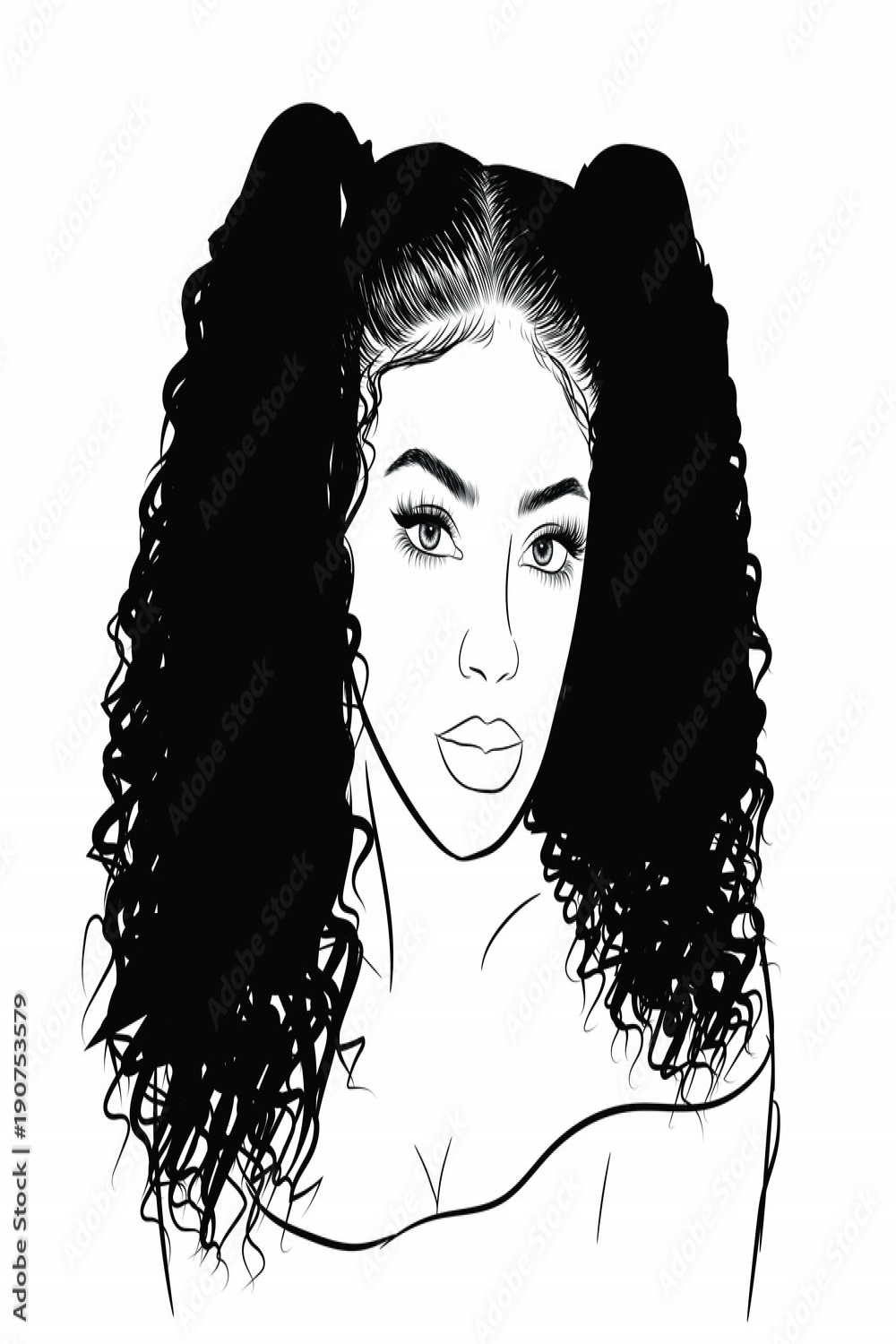 Hand-drawn black woman with curly double ponytails and luxurious