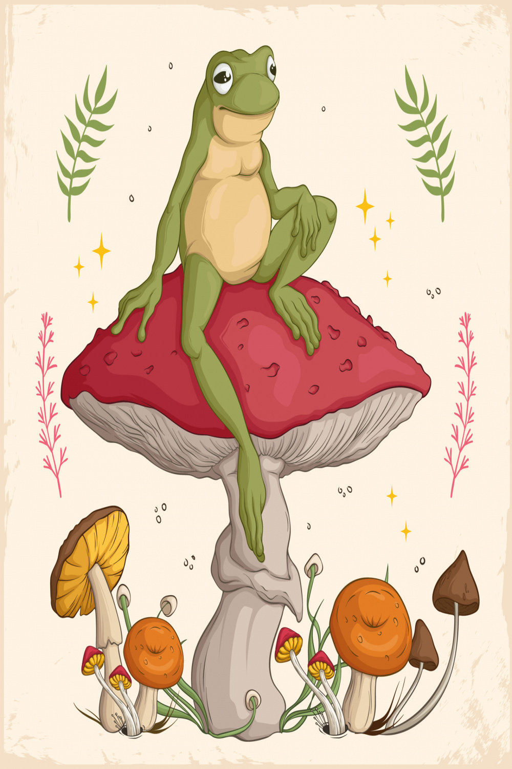 Hand drawn Cottagecore Aesthetic Goblincore Frog sitting on