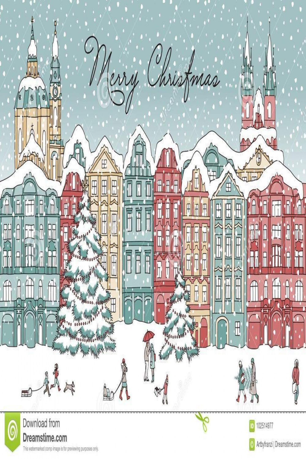 Hand drawn illustration of a city in winter at Christmas time
