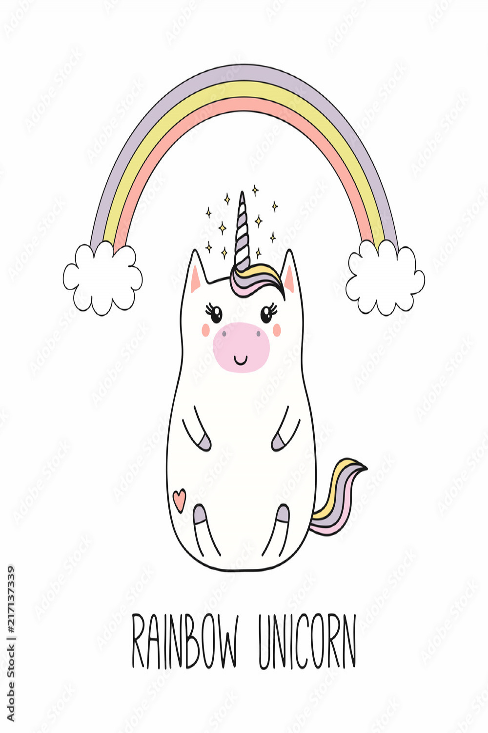 Hand drawn vector illustration of a kawaii funny fat unicorn, with