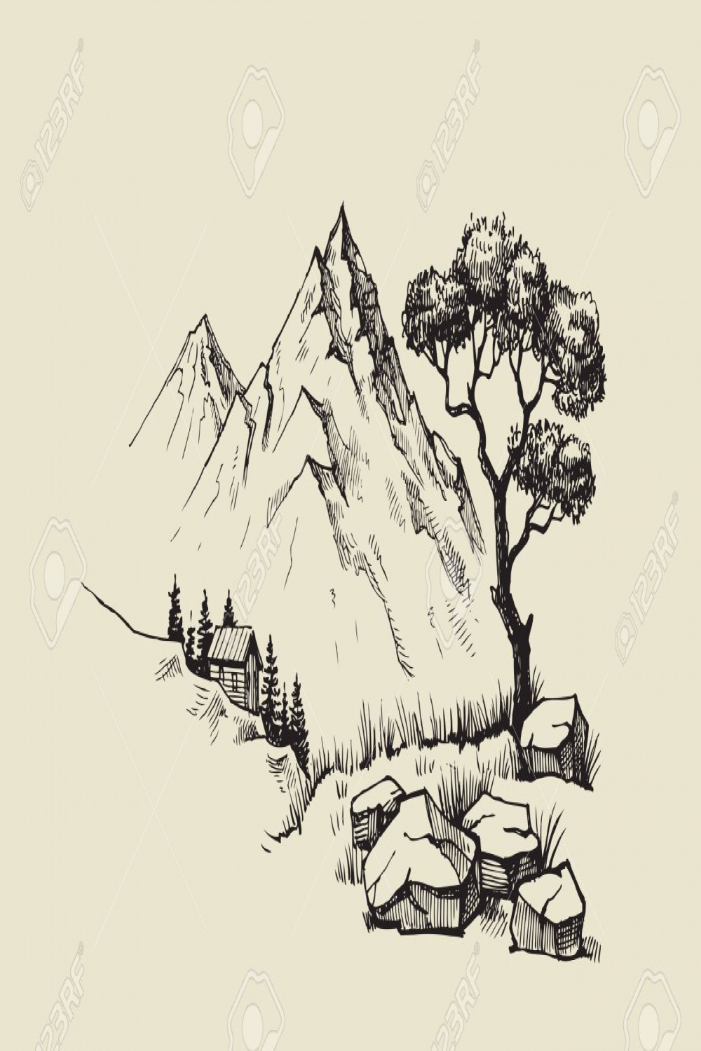 Hand drawn vector illustration of mountain landscape Stock Vector