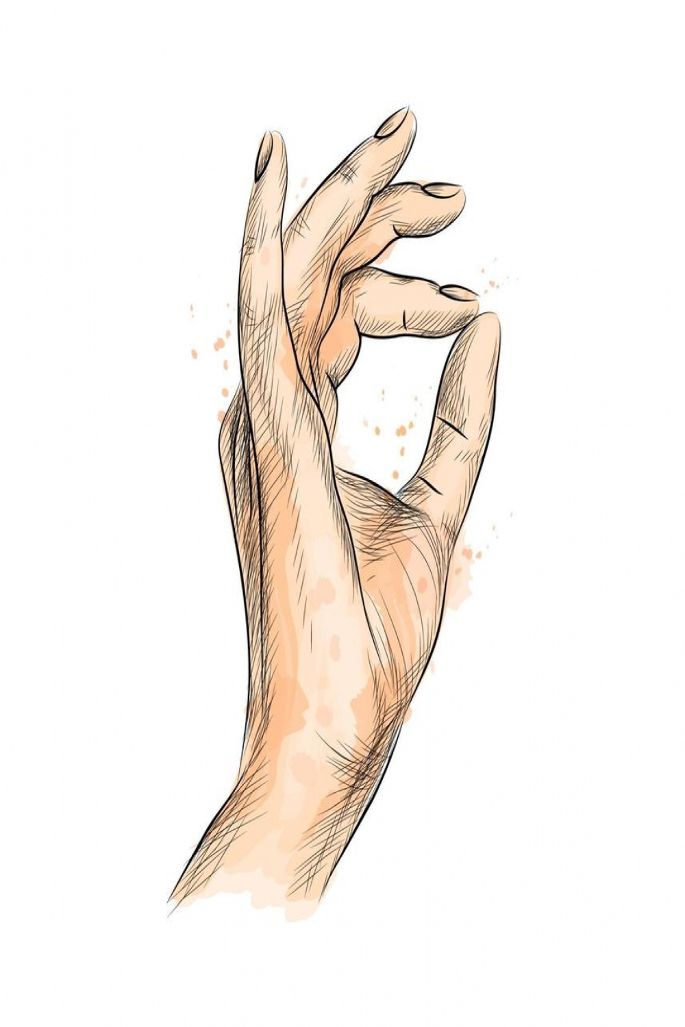 Hand gesture ok from a splash of watercolor, hand drawn sketch