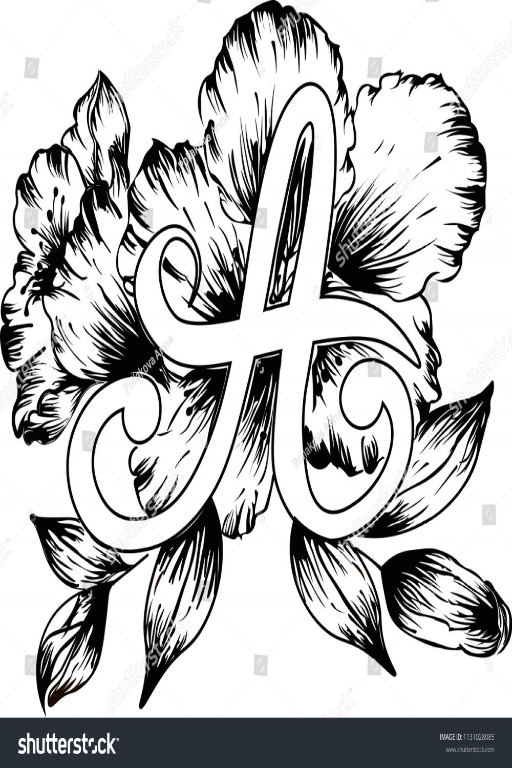 Handwritten Letter Flowers Black White Color: Stock-Vektorgrafik