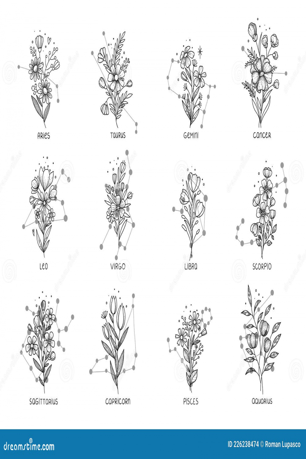 Horoscope Tattoo Flowers Icons Set Outline, Hand Drawn Vector