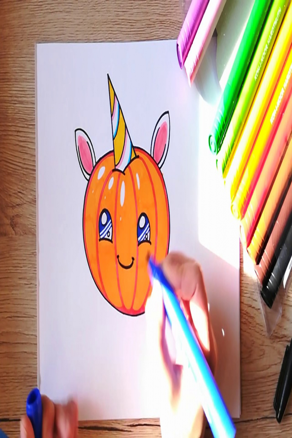 HOW TO DRAW a Cute Pumpkin dressed as a Unicorn - easy drawing for kids -  coloring with markers