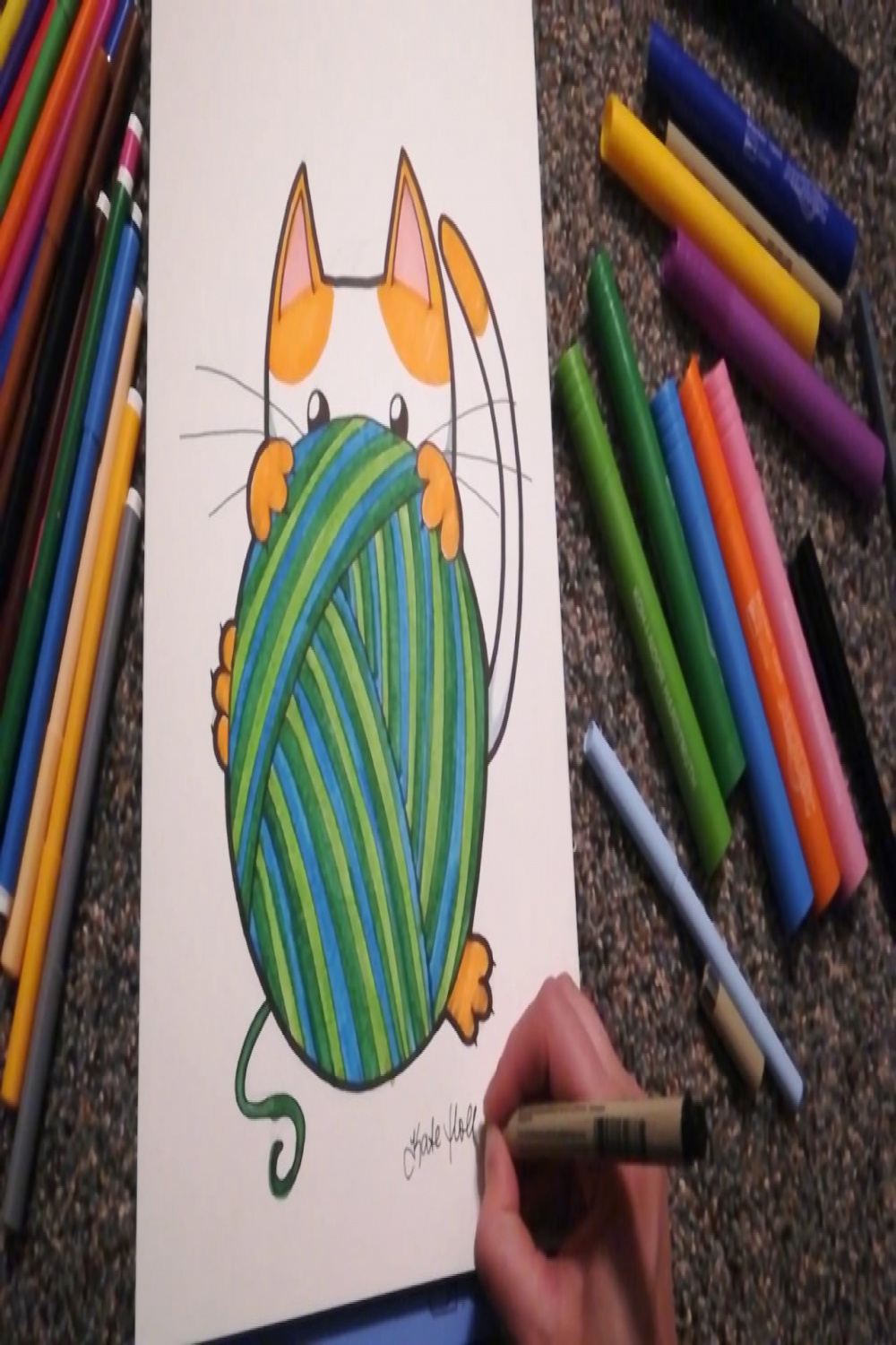 HOW TO DRAW a Happy Cat playing with a ball of yarn - coloring with markers