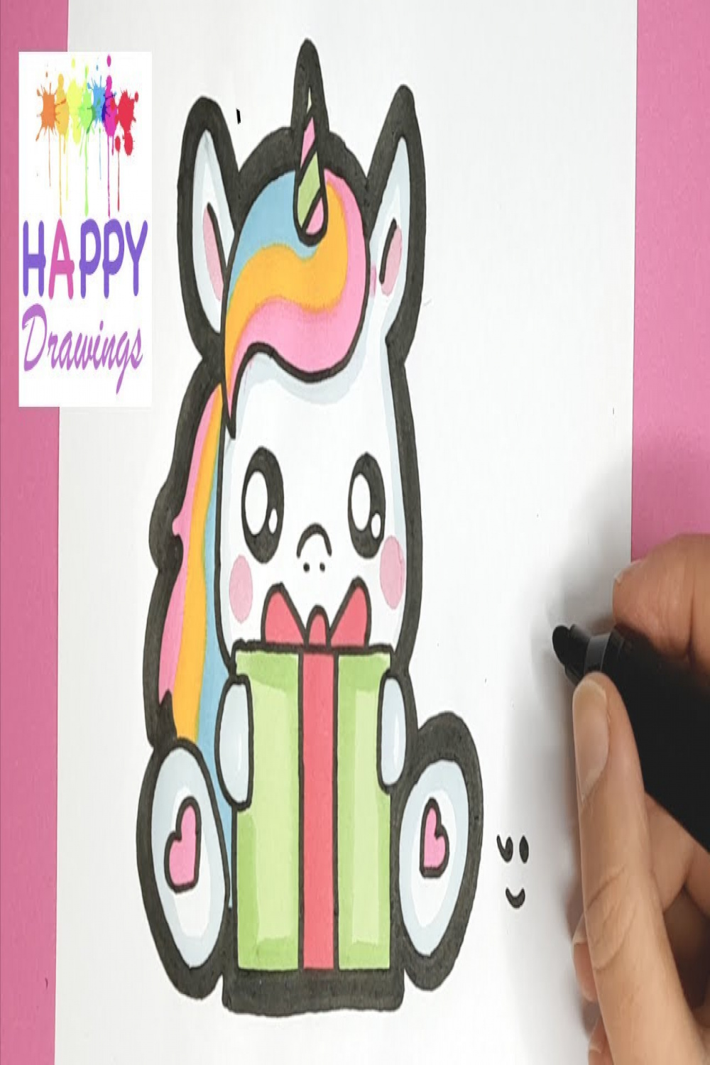 How to Draw and Color a Baby Unicorn holding a Christmas Gift - HAPPY  DRAWINGS