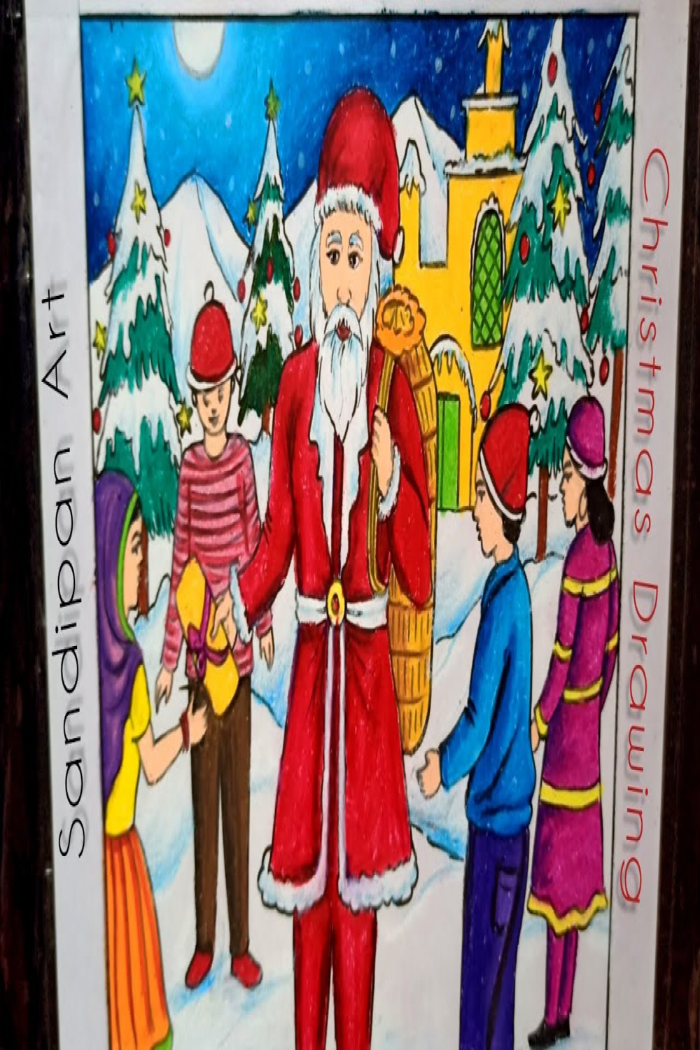 How to draw easy Christmas scenery Santa claus and Christmas tree  th  December scenery drawing