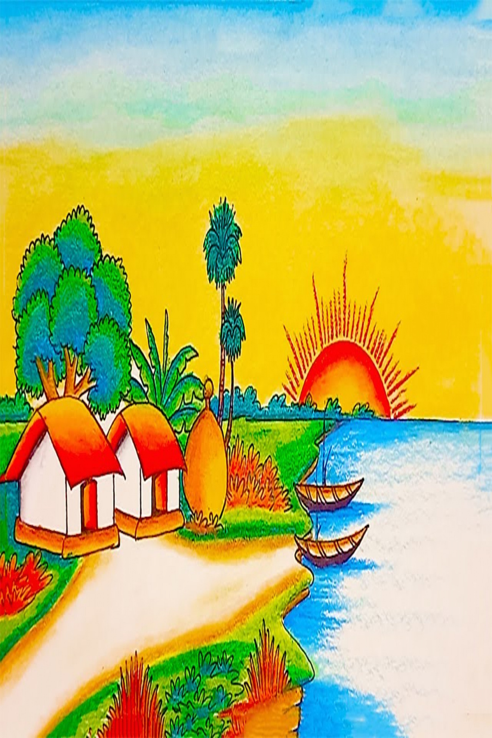 How To Draw Easy Sunset Scenery With Oil Pastel Colors village drawing   Beach Sunset Scene Drawing