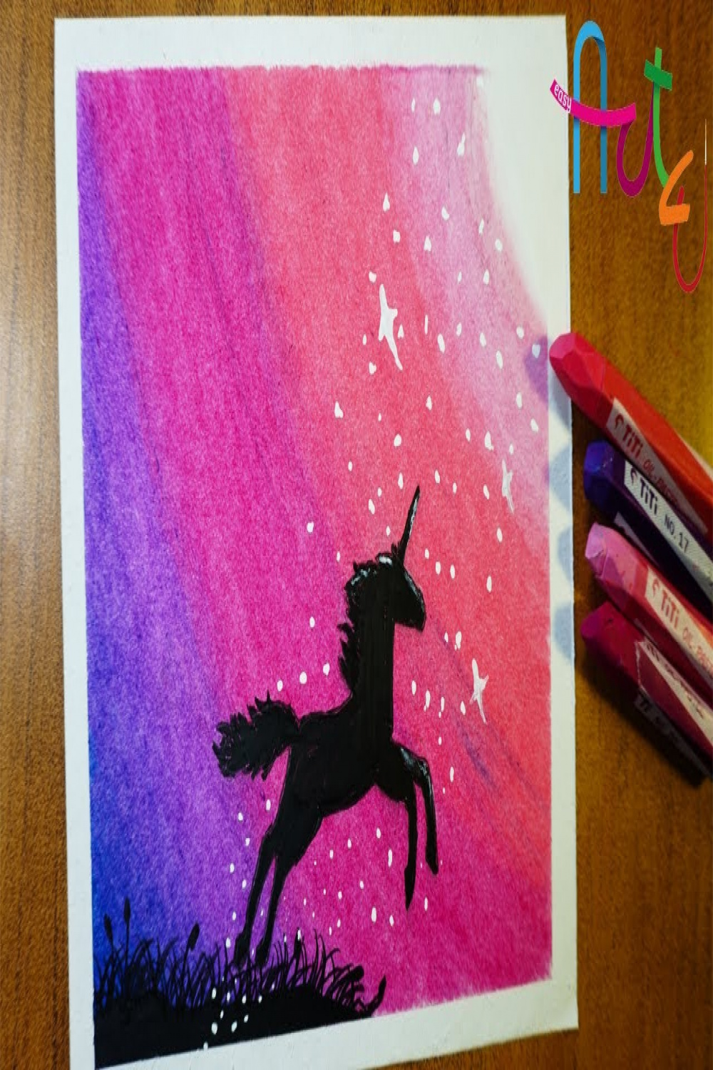 How to draw UNICORN SCENERY with OIL PASTELS - EASY