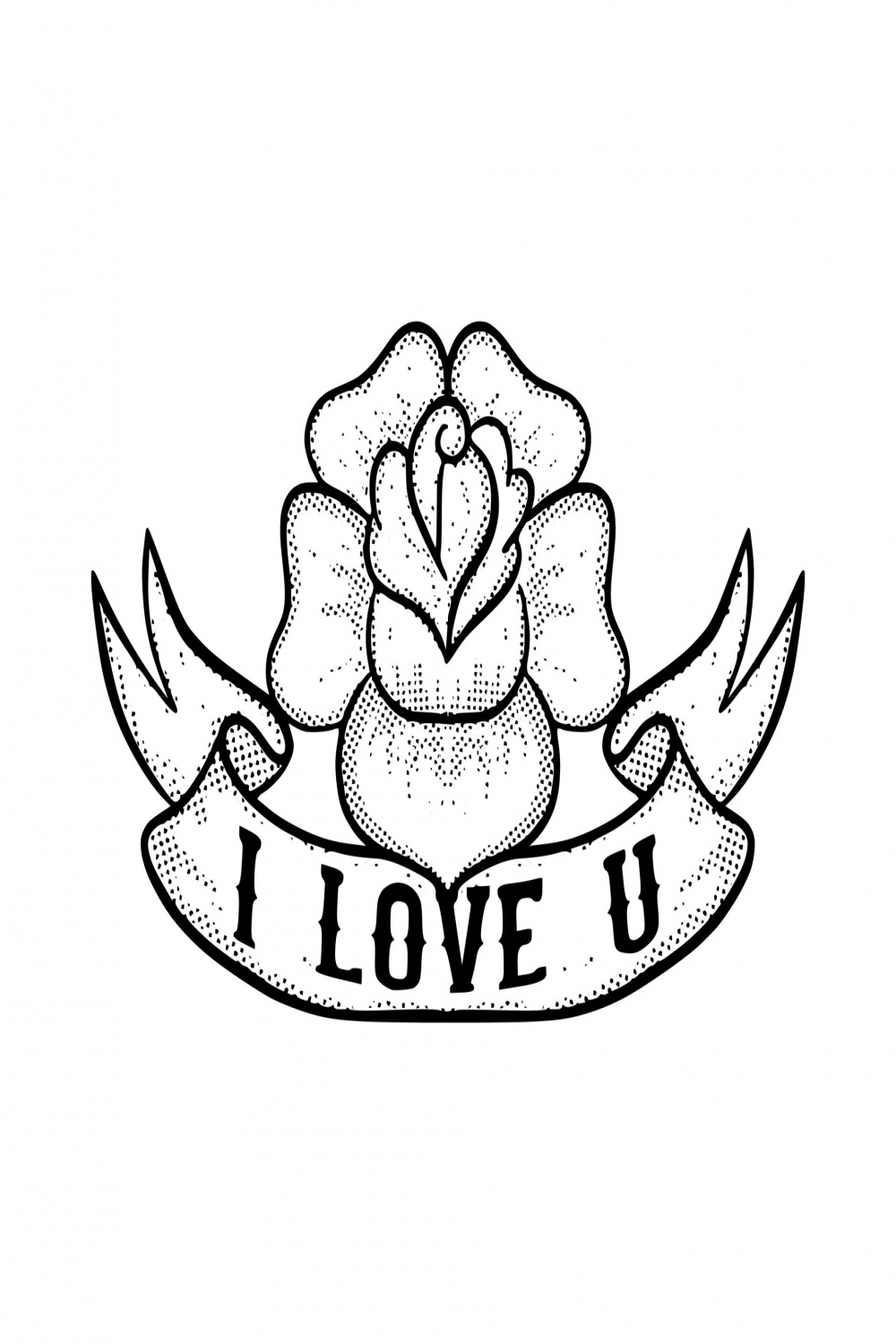 I love u with rose flower Illustration hand drawn cartoon sketch