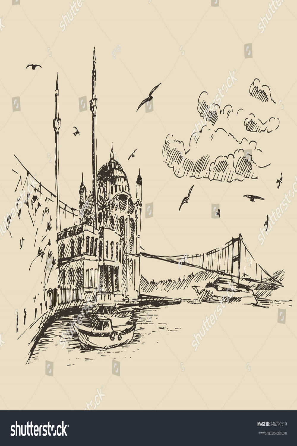 Istanbul Turkey City Architecture Bosphorus Vintage Stock Vector