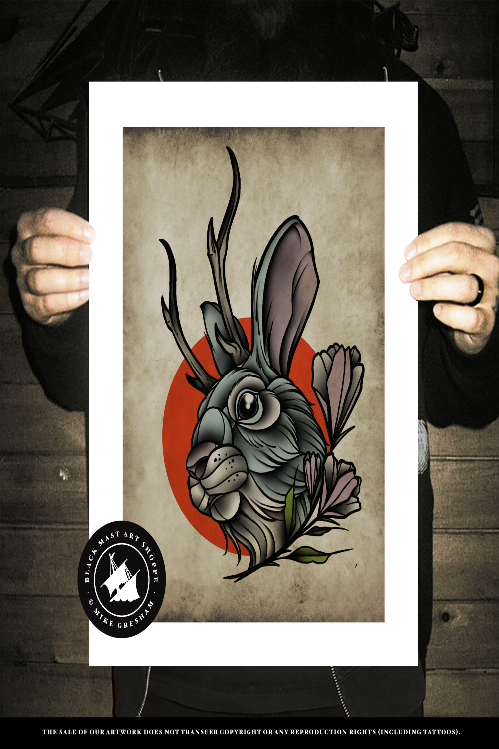 Jackalope , Rabbit, Hare, Neo-traditional Tattoo, Old School, Art