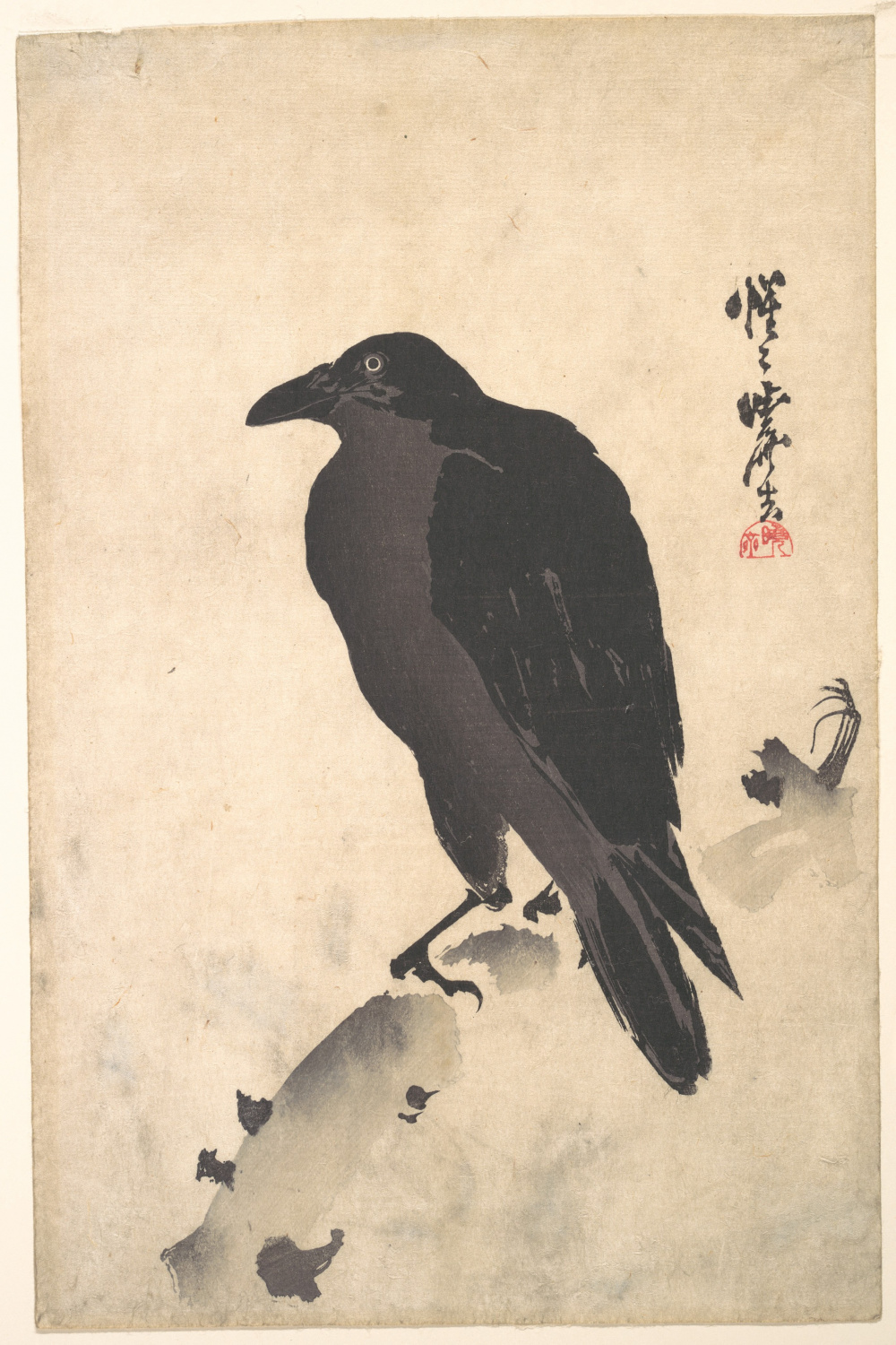 Kawanabe Kyōsai 河鍋暁斎  Crow Resting on Wood Trunk  Japan