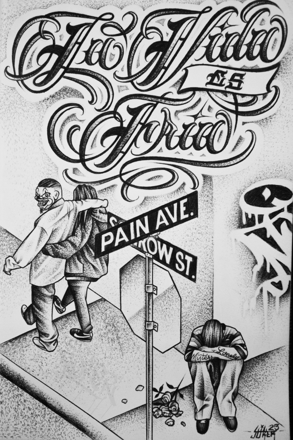 La Vida Es Fria" Chicano Art Drawing / Chicano Script Lettering