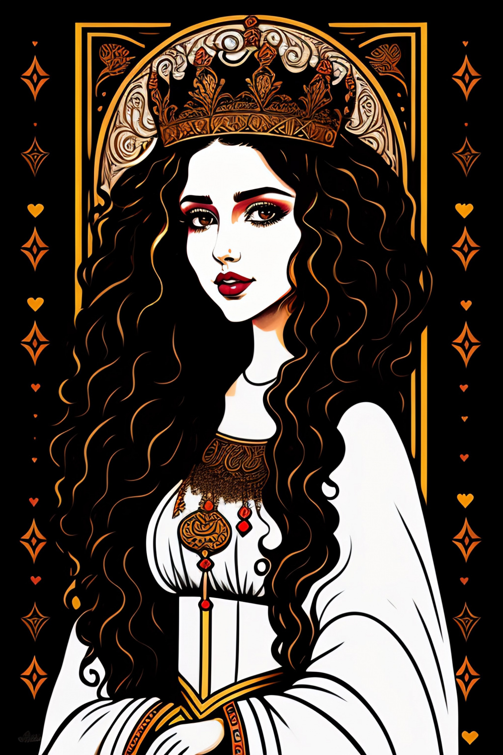 Lexica - Young beautiful woman with long curly hair, Queen of
