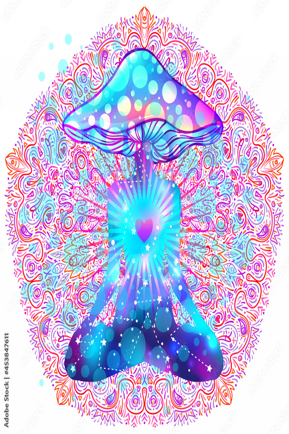 Magic person with mushroom head in yoga lotus position