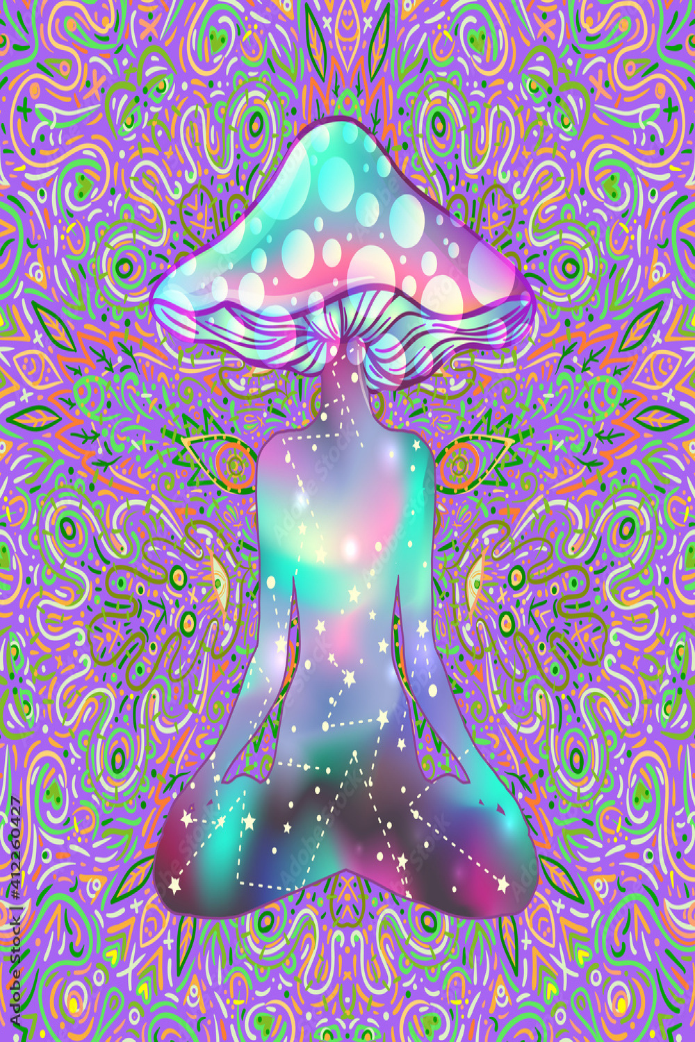 Magic person with mushroom head in yoga lotus position