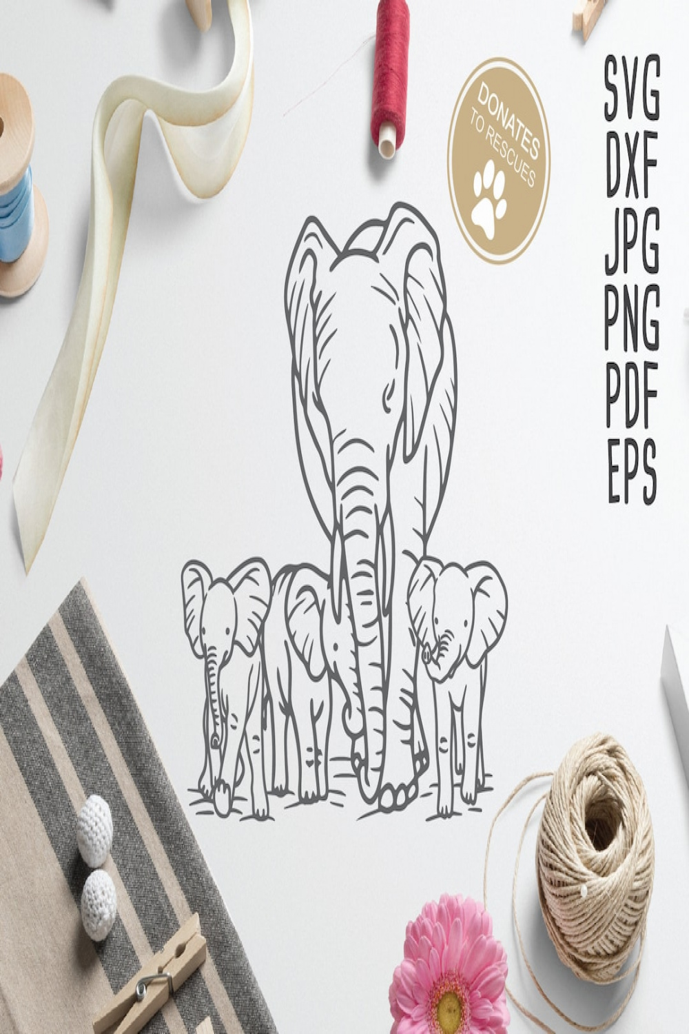 Mama and Three Baby Elephants Clipart SVG Cricut, Silhouette More