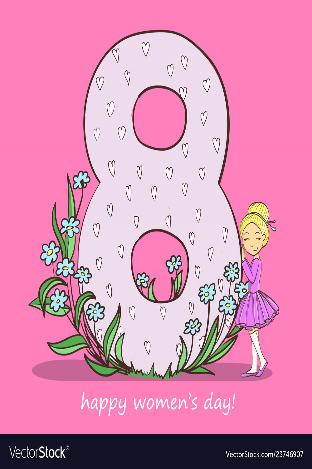 march hand drawing card with little girl and big