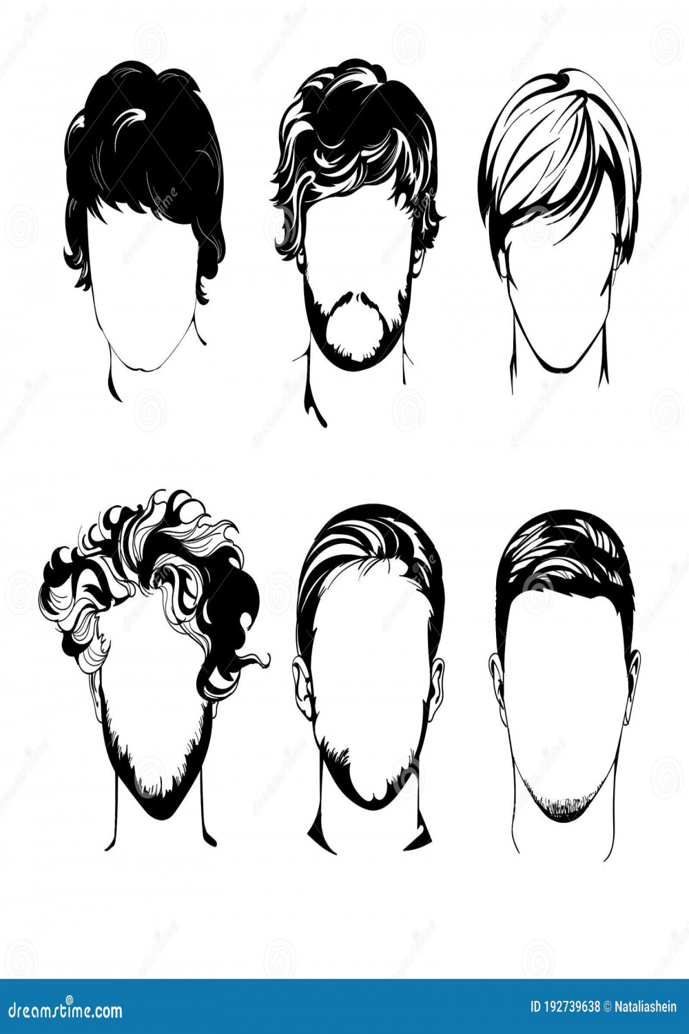 Men Hairstyles and Faces, Men`s Heads Set, Vector Illustration