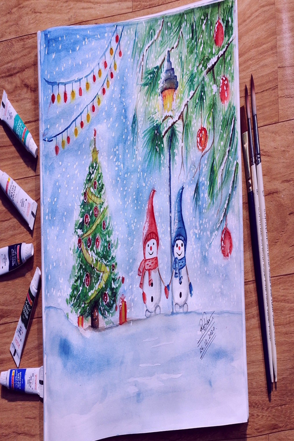 Merry Christmas Watercolour painting of christmas scenery