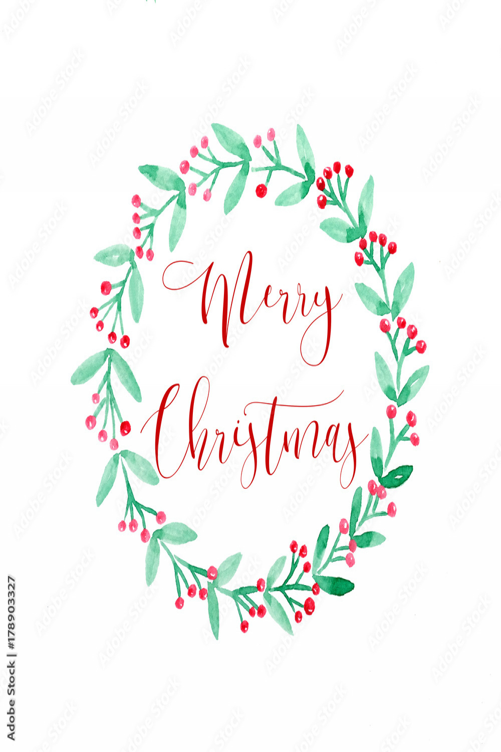 Merry Christmas wreath watercolor drawing on white paper