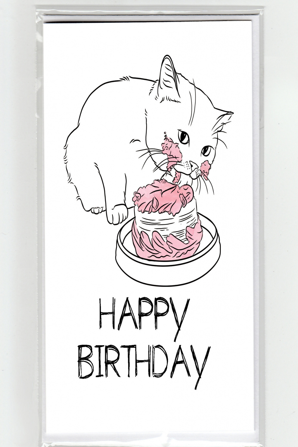 Messy Cat Eating Cake Birthday Greeting Card, Drawing Watercolor Funny Cute  Illustration