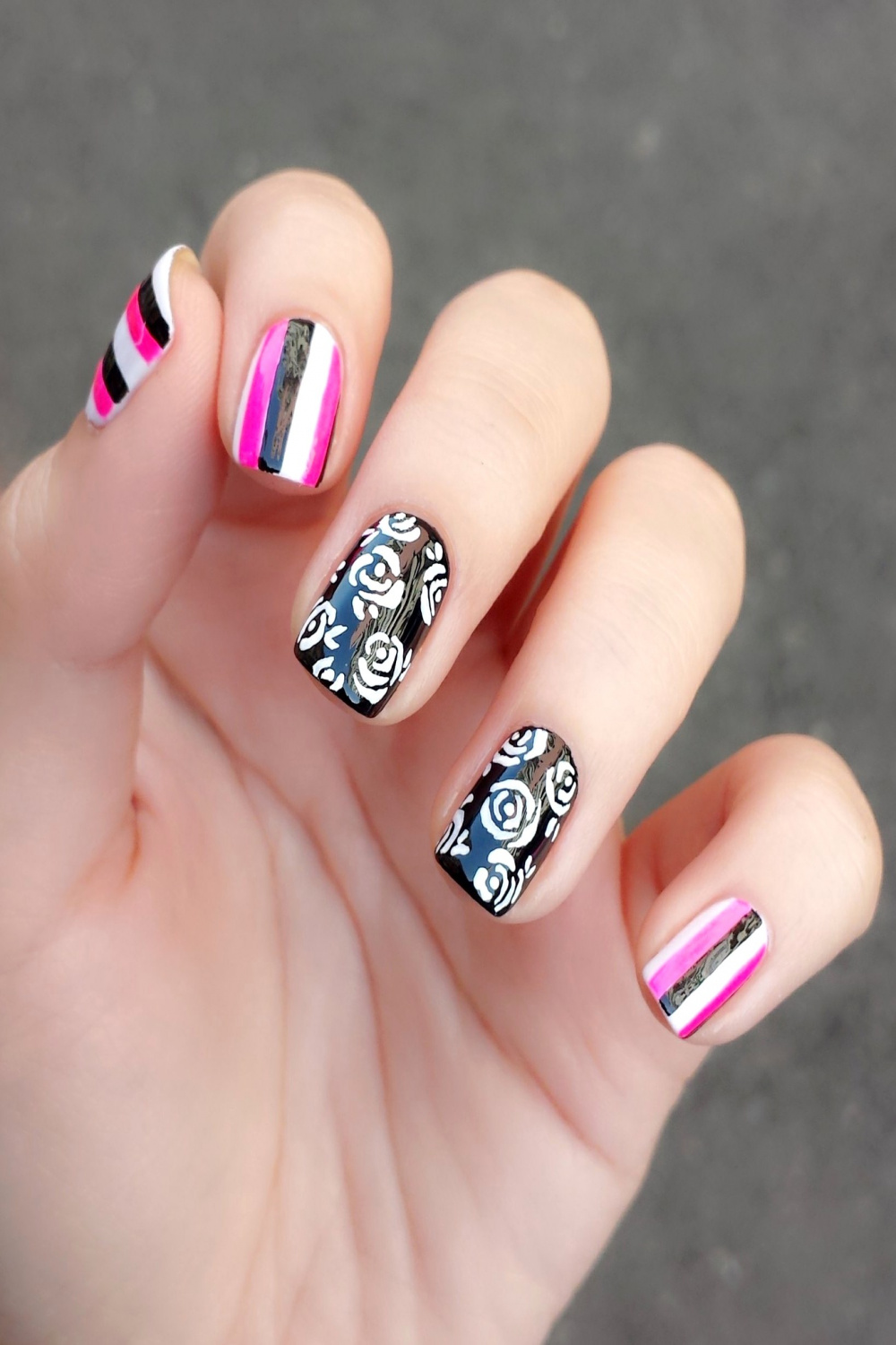 Monochrome rose nail art – Jolene Tay