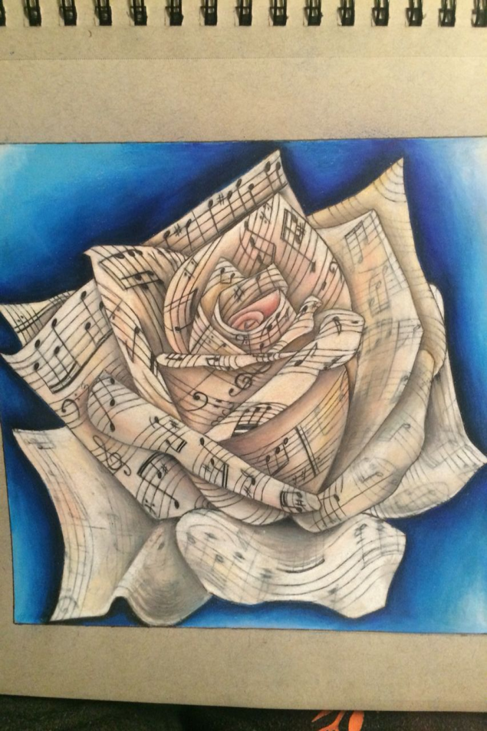 Music notes On white rose Handmade drawing  in. X  in. $