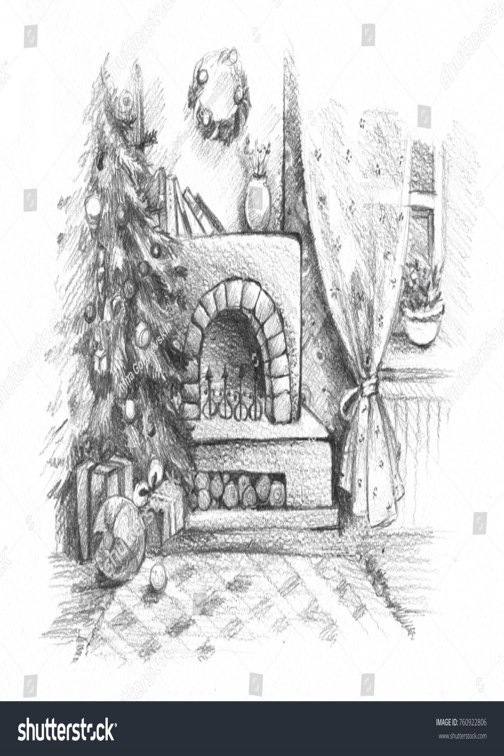 New Year Christmas Celebration Pencil Drawing Stock Illustration