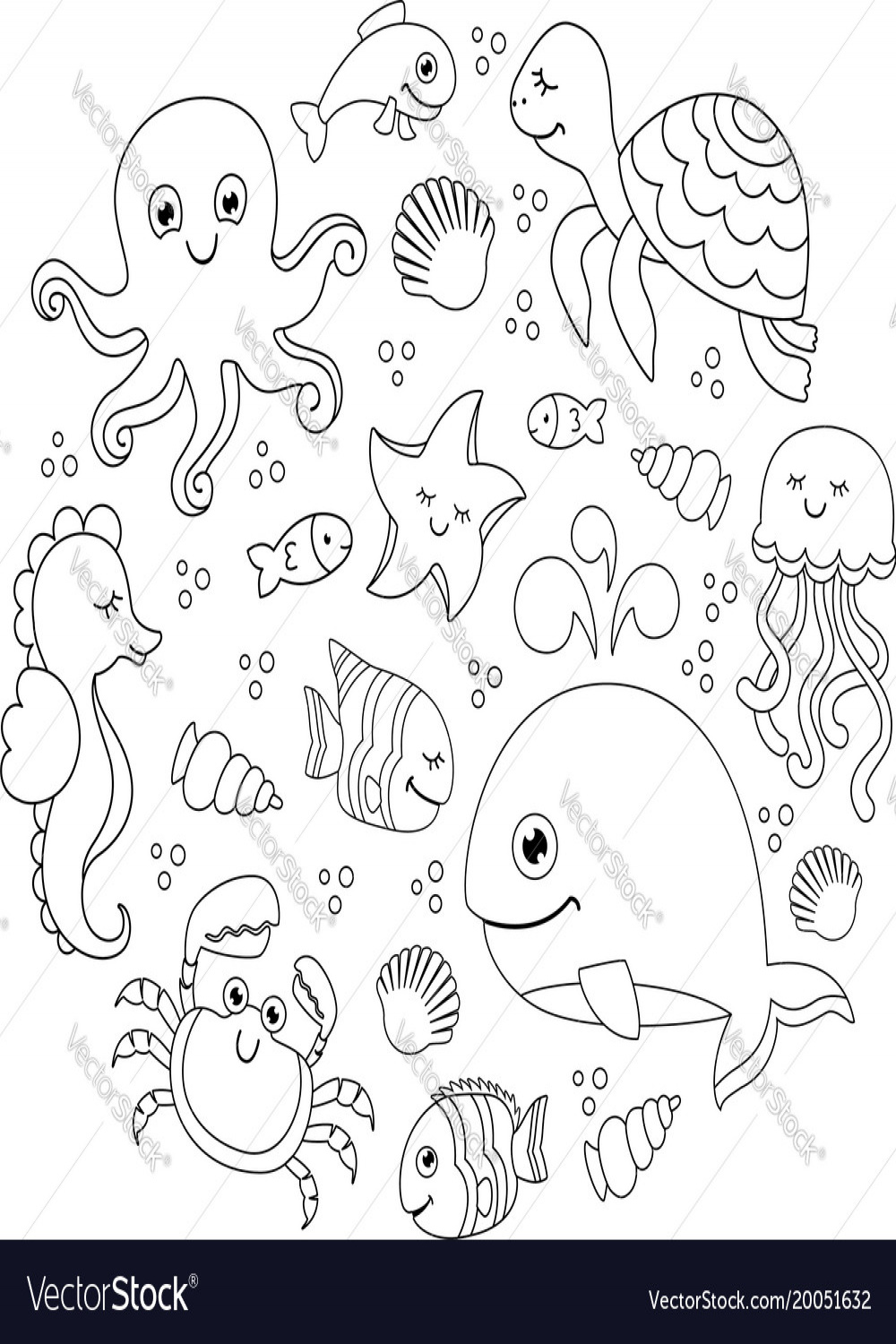 Ocean set with cute sea animals under Royalty Free Vector