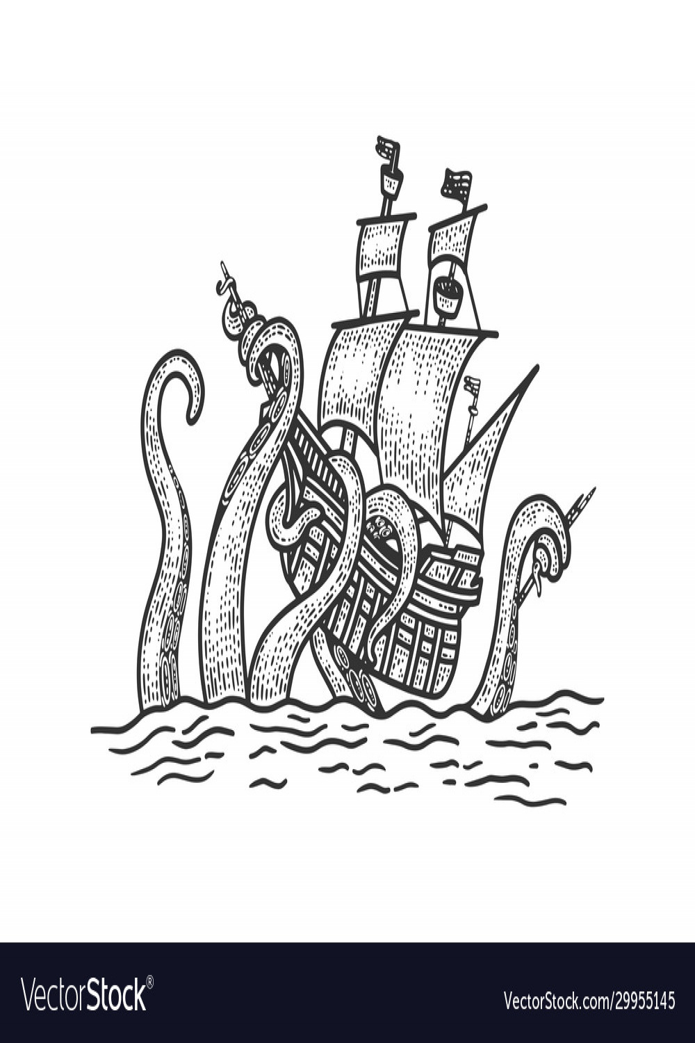 Octopus atteck vintage ship sketch Royalty Free Vector Image