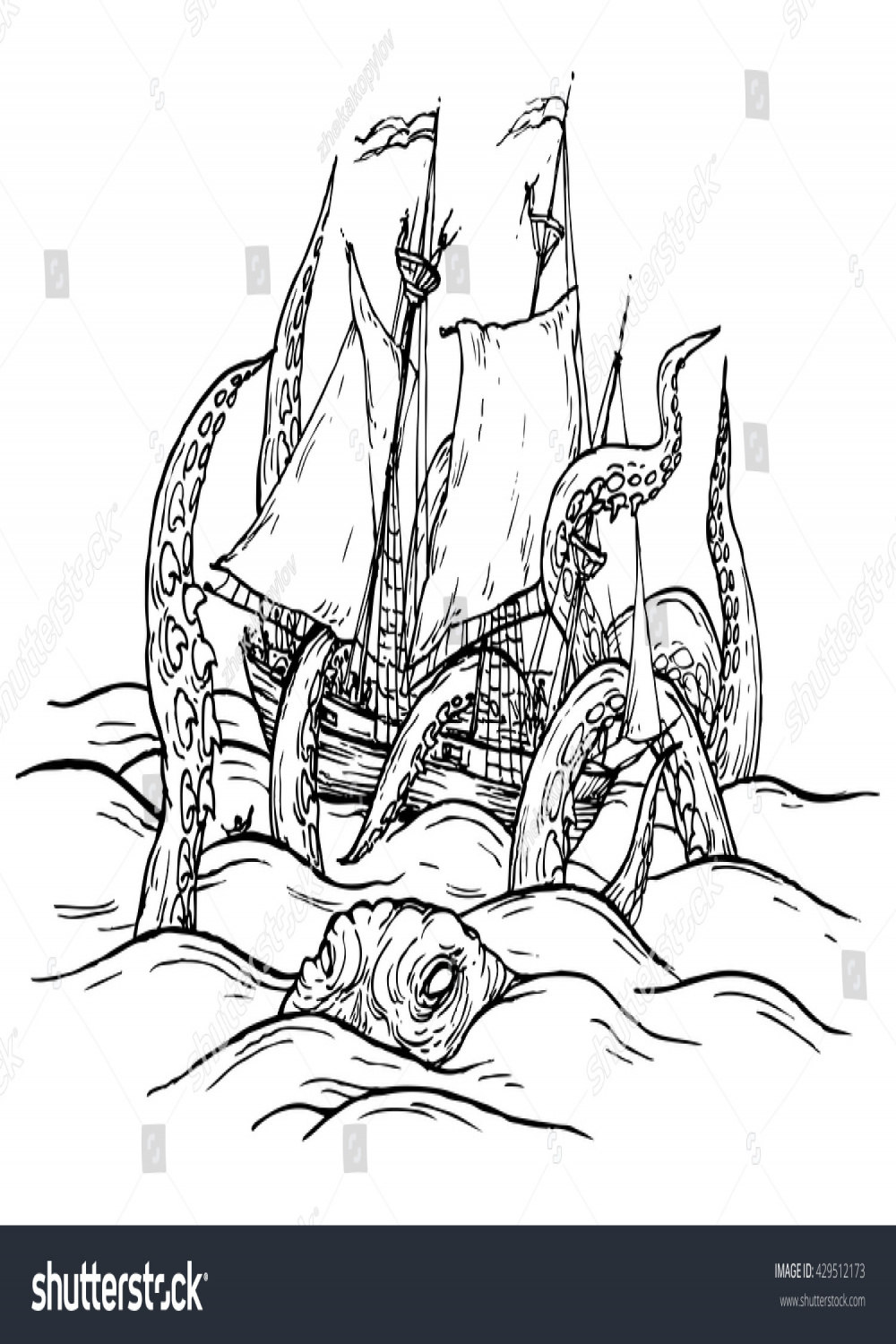 Octopus Drowning Ship Hand Drawn Vector Stock Vector (Royalty Free