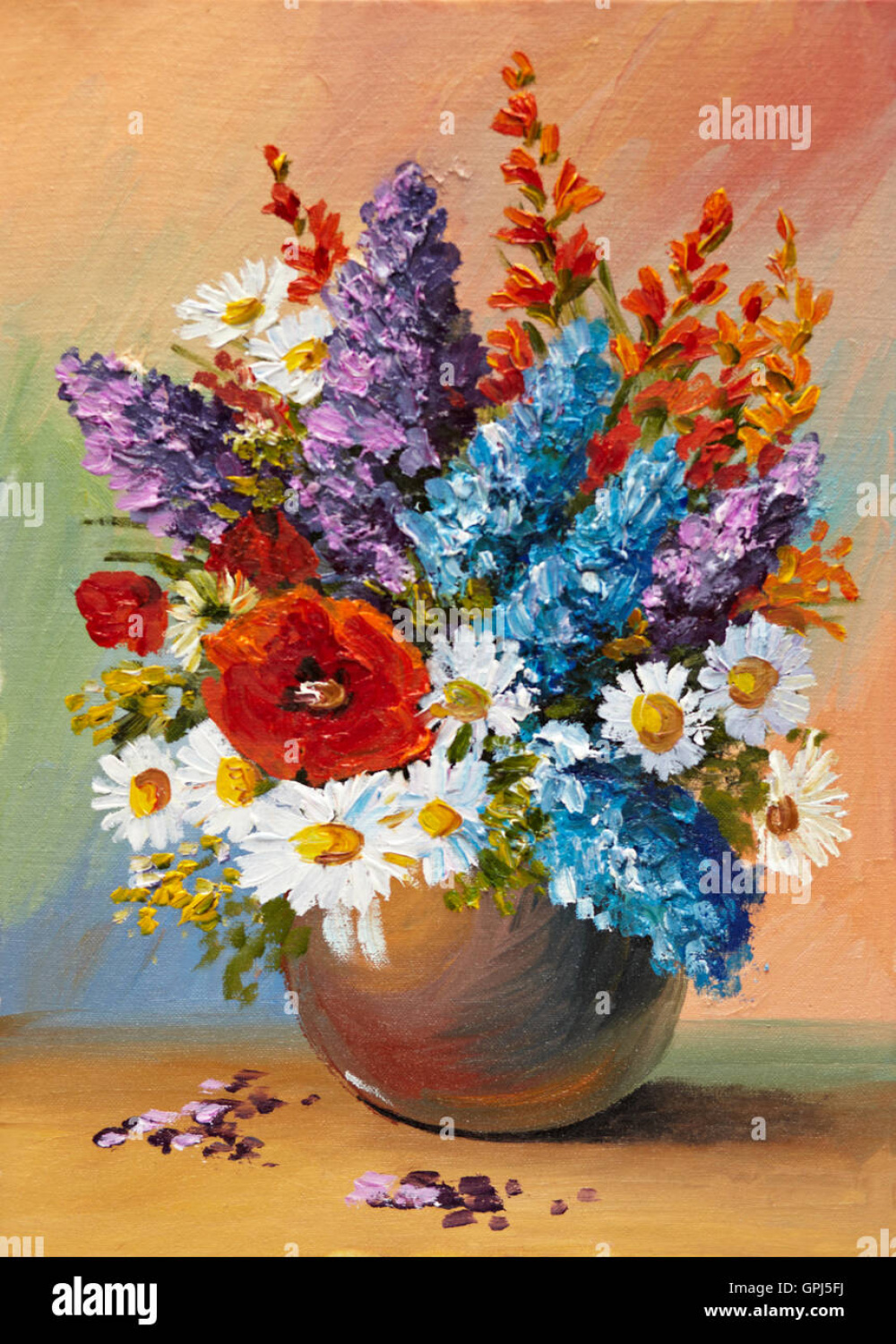 Oil painting of spring flowers in a vase on canvas