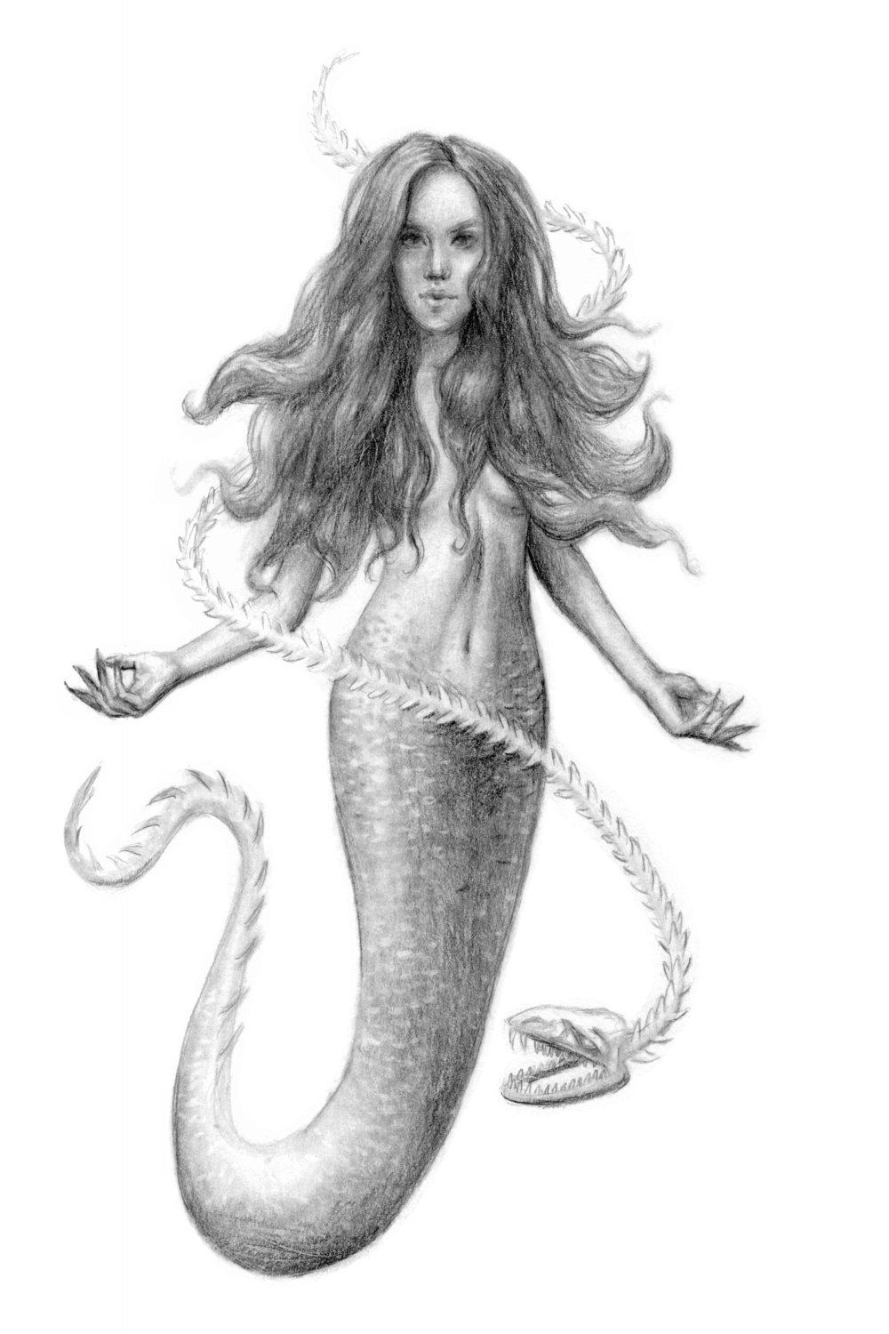 Original Graphite Dark Mermaid With Skeletal Eel Drawing x