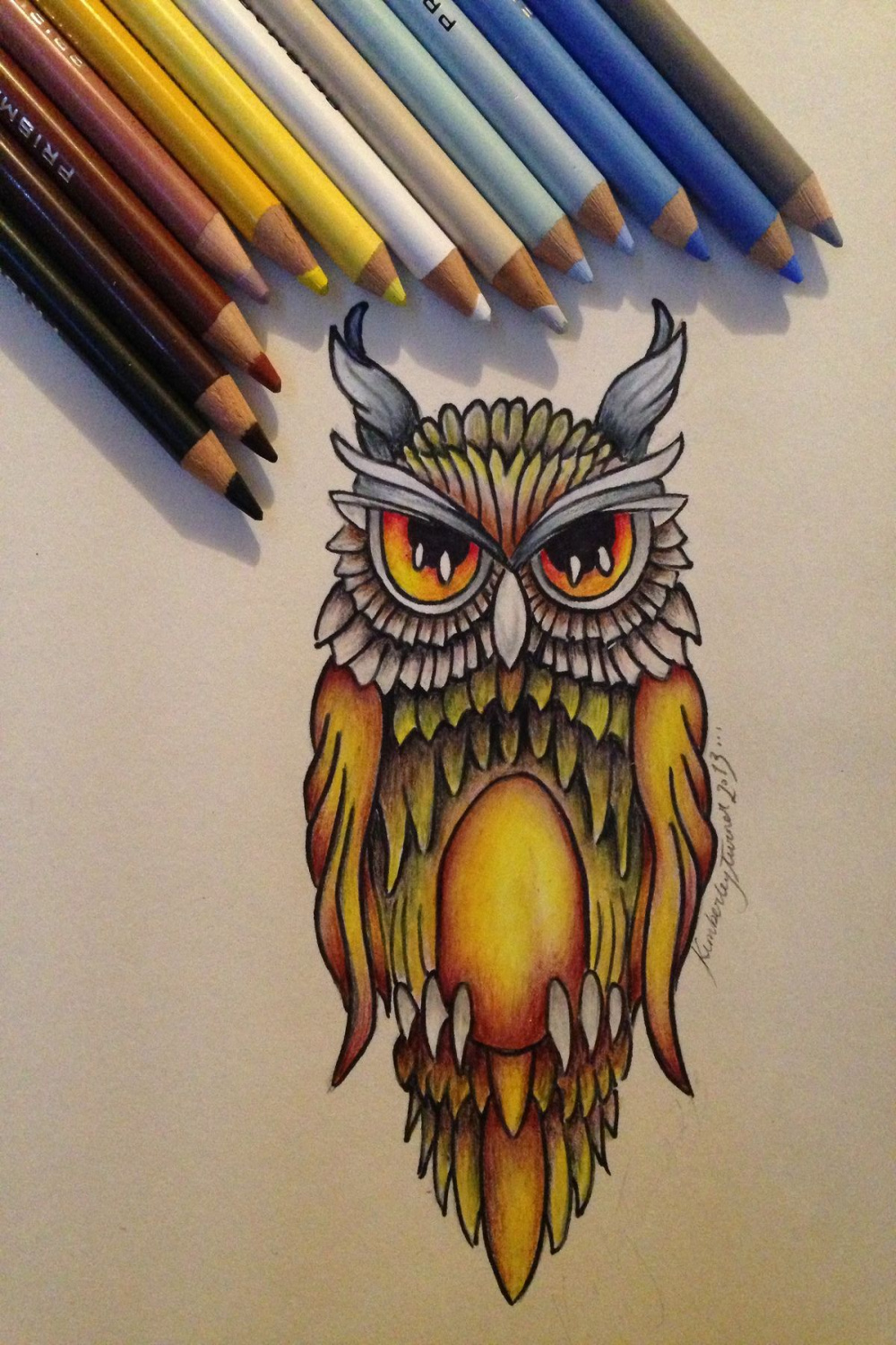 Owl, prismacolor pencil design  Color pencil drawing, Owls